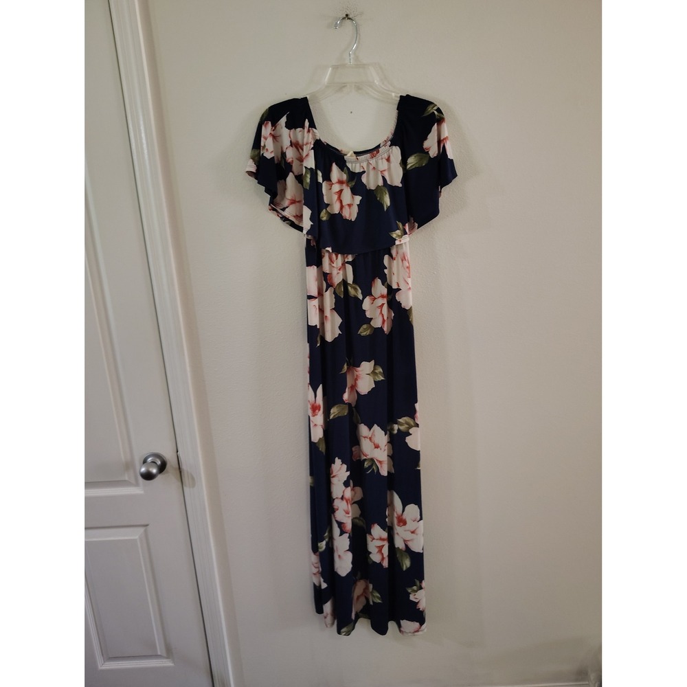 Hello Miz Navy Blue Floral‎ Off Shoulder Ruffle Maternity Maxi Dress Small
